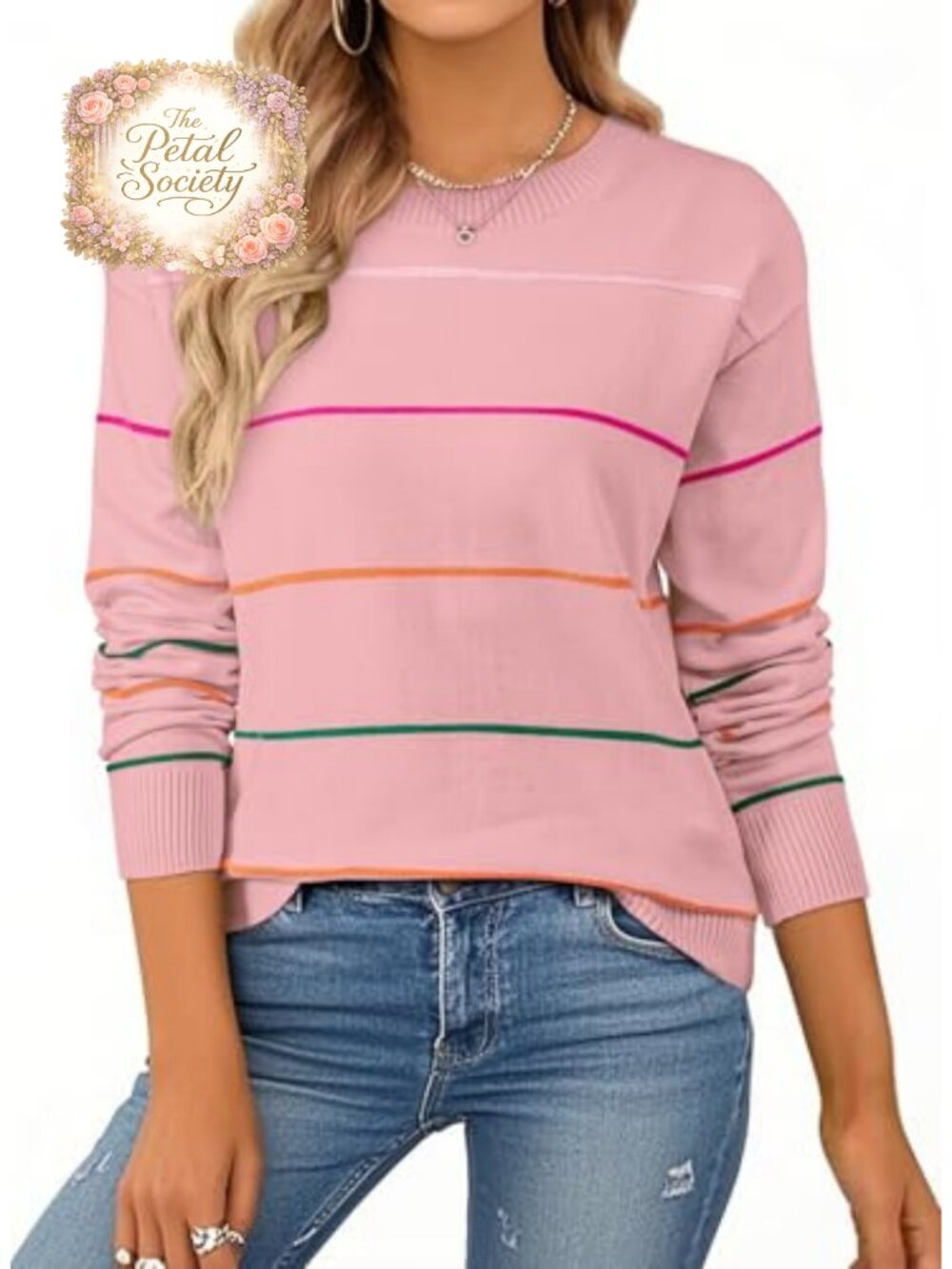 Women's Crew Neck Striped Knit Sweater Long Sleeve Pullover